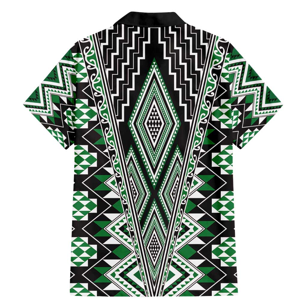 Green Aotearoa Tukutuku and Poutama Motif Family Matching Off Shoulder Short Dress and Hawaiian Shirt
