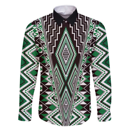 Green Aotearoa Tukutuku and Poutama Motif Family Matching Off Shoulder Short Dress and Hawaiian Shirt