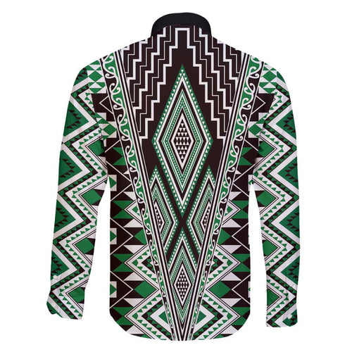 Green Aotearoa Tukutuku and Poutama Motif Family Matching Off Shoulder Short Dress and Hawaiian Shirt