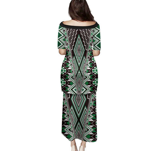 Green Aotearoa Tukutuku and Poutama Motif Family Matching Puletasi and Hawaiian Shirt