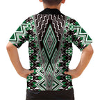 Green Aotearoa Tukutuku and Poutama Motif Family Matching Short Sleeve Bodycon Dress and Hawaiian Shirt