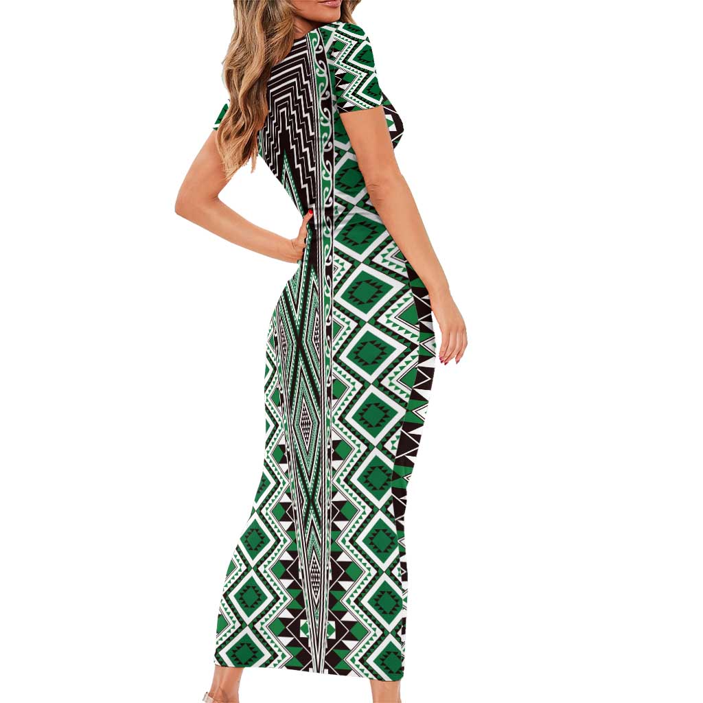 Green Aotearoa Tukutuku and Poutama Motif Family Matching Short Sleeve Bodycon Dress and Hawaiian Shirt
