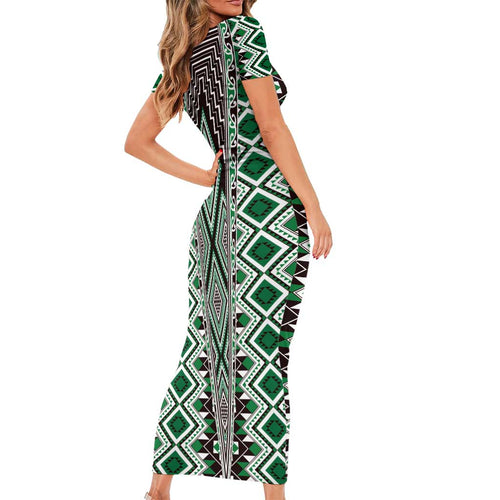 Green Aotearoa Tukutuku and Poutama Motif Family Matching Short Sleeve Bodycon Dress and Hawaiian Shirt