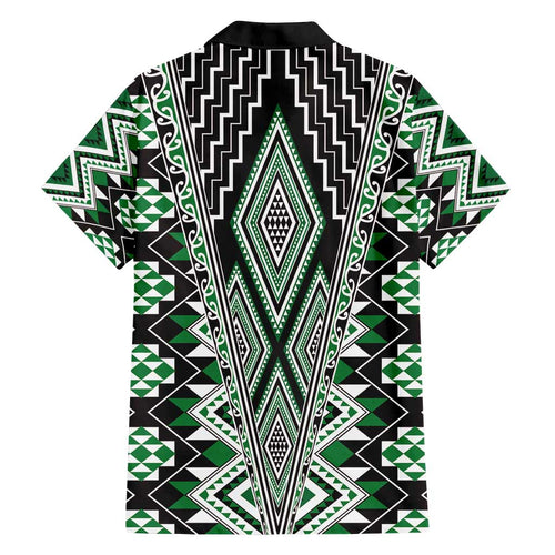 Green Aotearoa Tukutuku and Poutama Motif Family Matching Summer Maxi Dress and Hawaiian Shirt