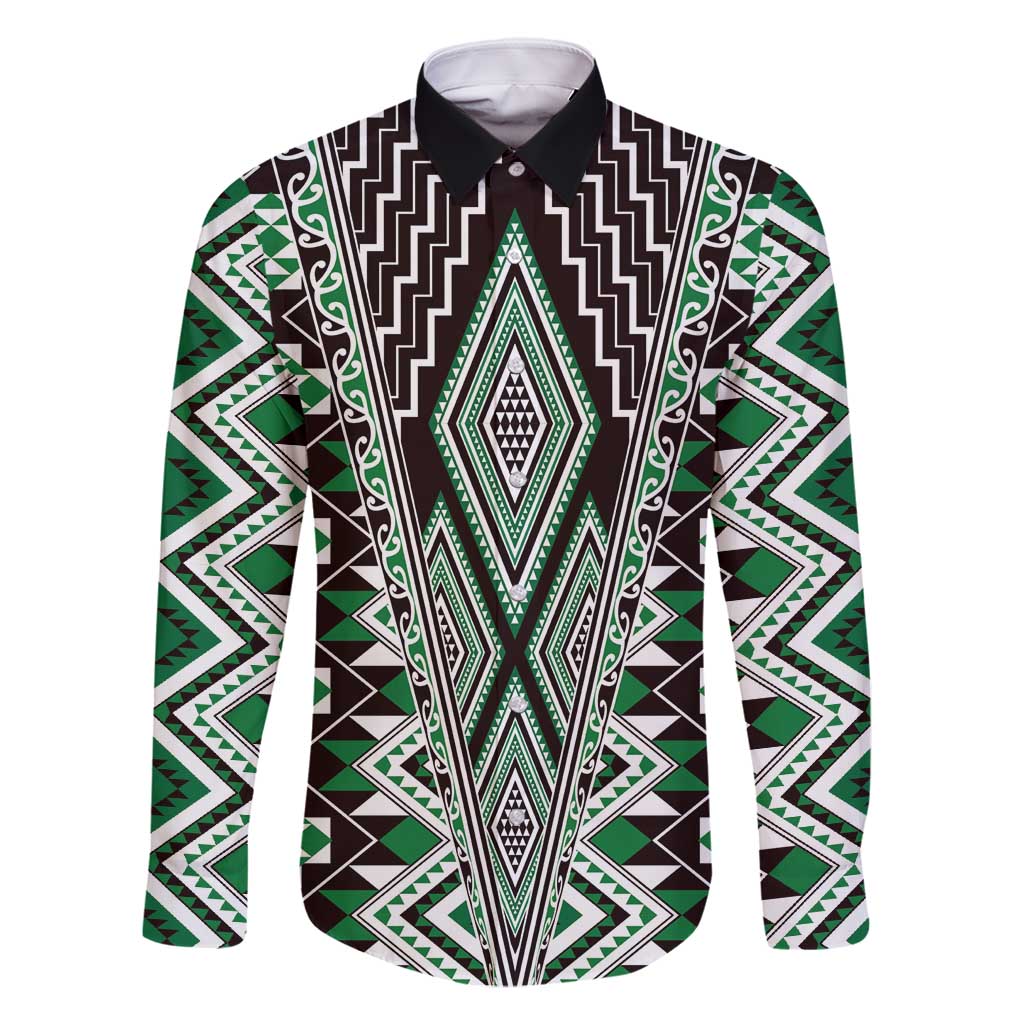 Green Aotearoa Tukutuku and Poutama Motif Family Matching Summer Maxi Dress and Hawaiian Shirt
