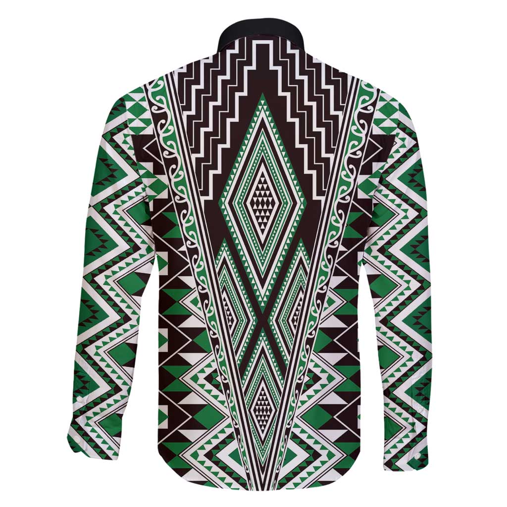 Green Aotearoa Tukutuku and Poutama Motif Family Matching Summer Maxi Dress and Hawaiian Shirt