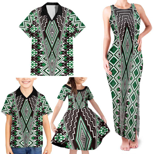 Green Aotearoa Tukutuku and Poutama Motif Family Matching Tank Maxi Dress and Hawaiian Shirt