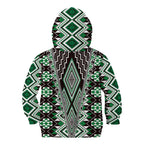 Green Aotearoa Tukutuku and Poutama Motif Kid Hoodie
