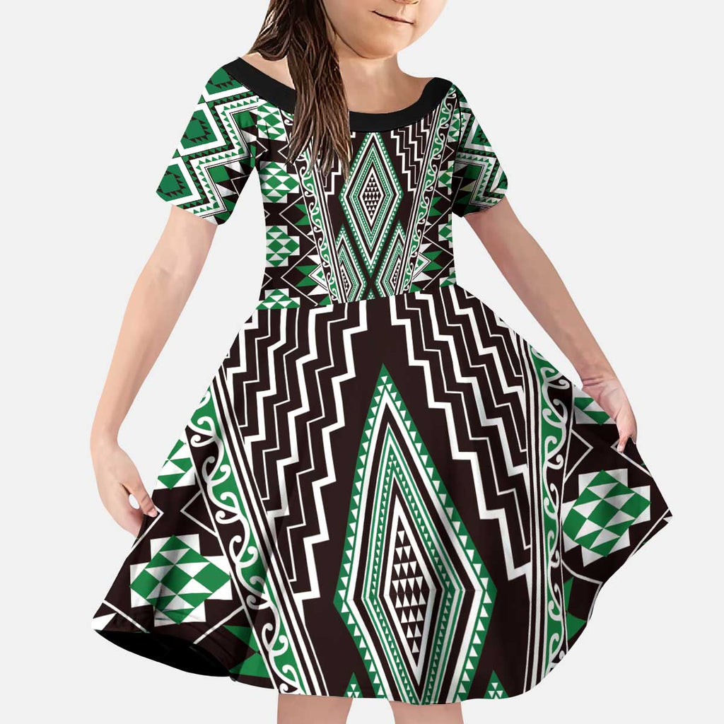 Green Aotearoa Tukutuku and Poutama Motif Kid Short Sleeve Dress