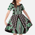Green Aotearoa Tukutuku and Poutama Motif Kid Short Sleeve Dress