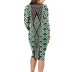 Green Aotearoa Tukutuku and Poutama Motif Long Sleeve Bodycon Dress