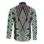 Green Aotearoa Tukutuku and Poutama Motif Long Sleeve Button Shirt