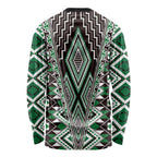 Green Aotearoa Tukutuku and Poutama Motif Long Sleeve Shirt