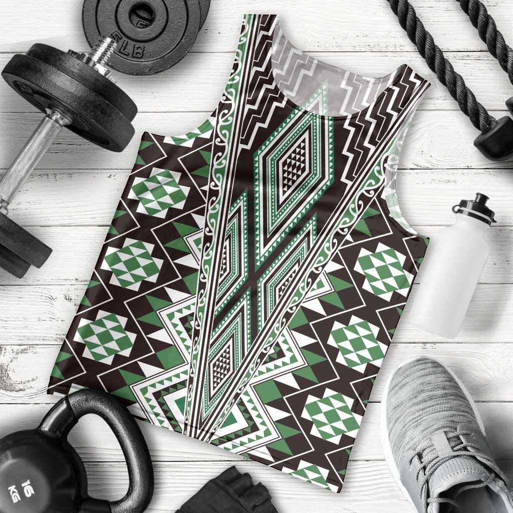 Green Aotearoa Tukutuku and Poutama Motif Men Tank Top