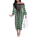 Green Aotearoa Tukutuku and Poutama Motif Off The Shoulder Long Sleeve Dress