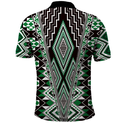 Green Aotearoa Tukutuku and Poutama Motif Polo Shirt