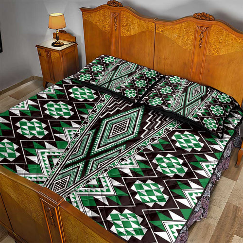 Green Aotearoa Tukutuku and Poutama Motif Quilt Bed Set