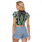Green Aotearoa Tukutuku and Poutama Motif Raglan Cropped T Shirt