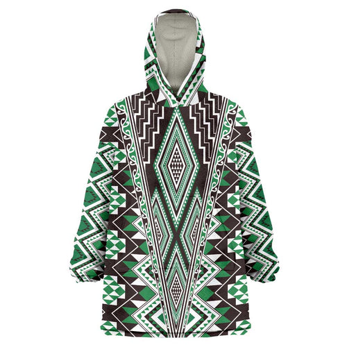 Green Aotearoa Tukutuku and Poutama Motif Wearable Blanket Hoodie