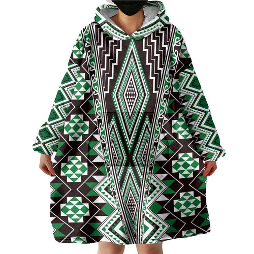 Green Aotearoa Tukutuku and Poutama Motif Wearable Blanket Hoodie