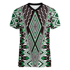 Green Aotearoa Tukutuku and Poutama Motif Women V-Neck T-Shirt