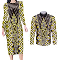 Yellow Aotearoa Tukutuku and Poutama Motif Couples Matching Long Sleeve Bodycon Dress and Long Sleeve Button Shirt