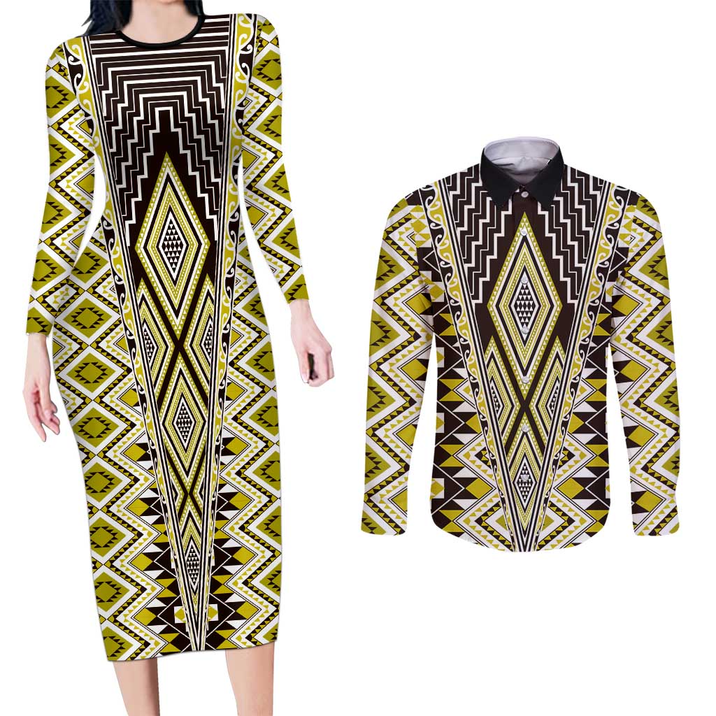 Yellow Aotearoa Tukutuku and Poutama Motif Couples Matching Long Sleeve Bodycon Dress and Long Sleeve Button Shirt