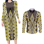 Yellow Aotearoa Tukutuku and Poutama Motif Couples Matching Long Sleeve Bodycon Dress and Long Sleeve Button Shirt