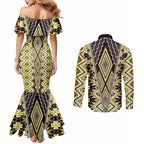 Yellow Aotearoa Tukutuku and Poutama Motif Couples Matching Mermaid Dress and Long Sleeve Button Shirt