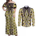 Yellow Aotearoa Tukutuku and Poutama Motif Couples Matching Off Shoulder Maxi Dress and Long Sleeve Button Shirt