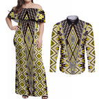 Yellow Aotearoa Tukutuku and Poutama Motif Couples Matching Off Shoulder Maxi Dress and Long Sleeve Button Shirt