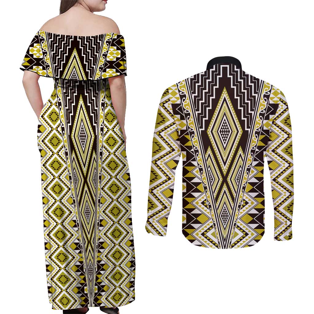 Yellow Aotearoa Tukutuku and Poutama Motif Couples Matching Off Shoulder Maxi Dress and Long Sleeve Button Shirt