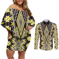 Yellow Aotearoa Tukutuku and Poutama Motif Couples Matching Off Shoulder Short Dress and Long Sleeve Button Shirt