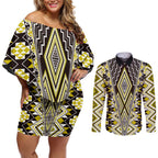 Yellow Aotearoa Tukutuku and Poutama Motif Couples Matching Off Shoulder Short Dress and Long Sleeve Button Shirt