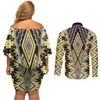 Yellow Aotearoa Tukutuku and Poutama Motif Couples Matching Off Shoulder Short Dress and Long Sleeve Button Shirt