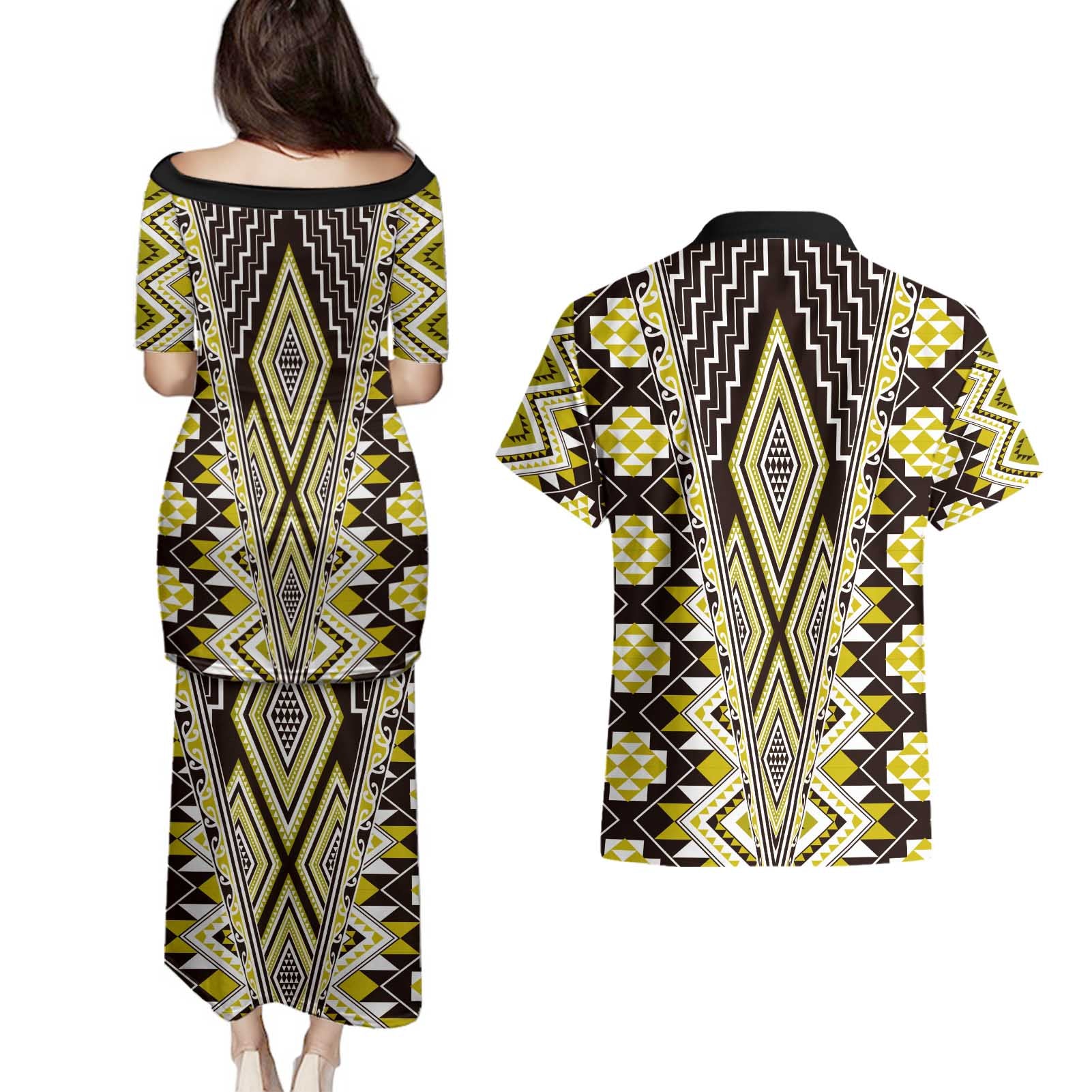 Yellow Aotearoa Tukutuku and Poutama Motif Couples Matching Puletasi and Hawaiian Shirt
