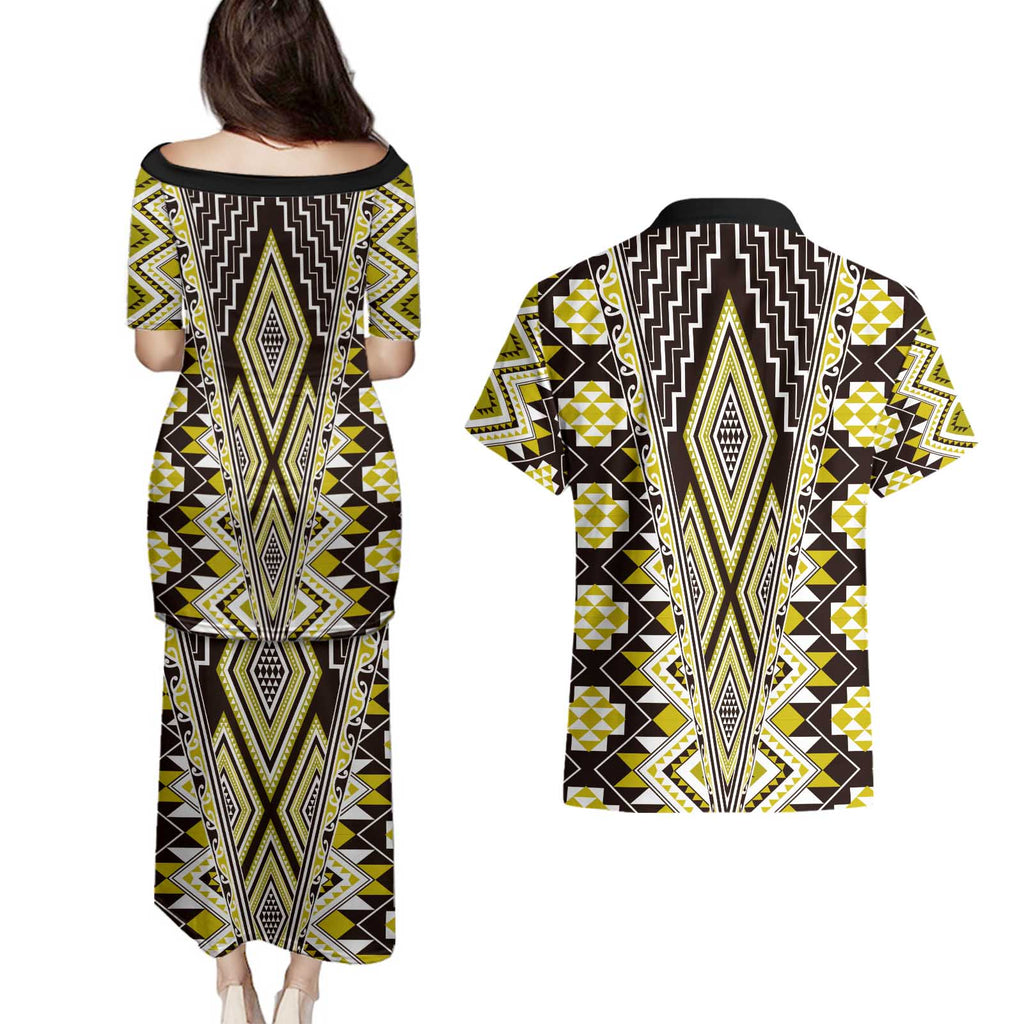 Yellow Aotearoa Tukutuku and Poutama Motif Couples Matching Puletasi and Hawaiian Shirt