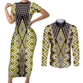 Yellow Aotearoa Tukutuku and Poutama Motif Couples Matching Short Sleeve Bodycon Dress and Long Sleeve Button Shirt