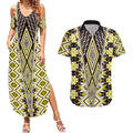 Yellow Aotearoa Tukutuku and Poutama Motif Couples Matching Summer Maxi Dress and Hawaiian Shirt