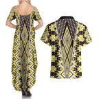 Yellow Aotearoa Tukutuku and Poutama Motif Couples Matching Summer Maxi Dress and Hawaiian Shirt