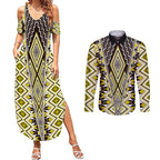 Yellow Aotearoa Tukutuku and Poutama Motif Couples Matching Summer Maxi Dress and Long Sleeve Button Shirt