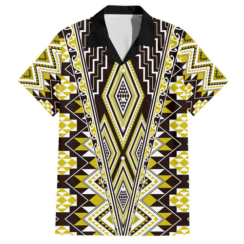 Yellow Aotearoa Tukutuku and Poutama Motif Family Matching Long Sleeve Bodycon Dress and Hawaiian Shirt