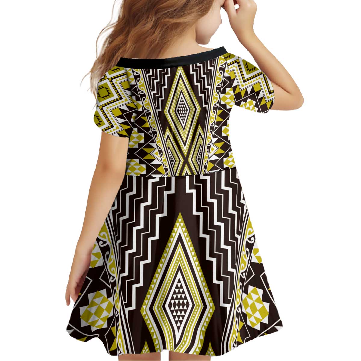 Yellow Aotearoa Tukutuku and Poutama Motif Family Matching Off The Shoulder Long Sleeve Dress and Hawaiian Shirt