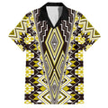 Yellow Aotearoa Tukutuku and Poutama Motif Family Matching Off The Shoulder Long Sleeve Dress and Hawaiian Shirt