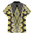 Yellow Aotearoa Tukutuku and Poutama Motif Family Matching Off The Shoulder Long Sleeve Dress and Hawaiian Shirt