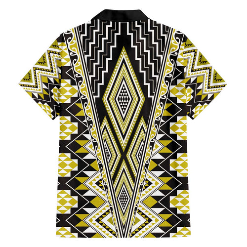 Yellow Aotearoa Tukutuku and Poutama Motif Family Matching Off The Shoulder Long Sleeve Dress and Hawaiian Shirt
