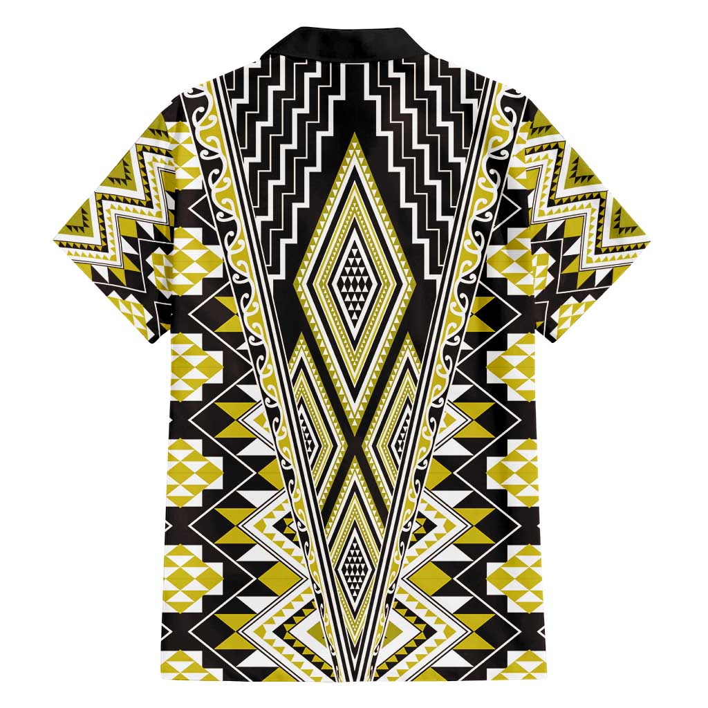 Yellow Aotearoa Tukutuku and Poutama Motif Family Matching Off Shoulder Maxi Dress and Hawaiian Shirt