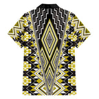Yellow Aotearoa Tukutuku and Poutama Motif Family Matching Off Shoulder Maxi Dress and Hawaiian Shirt