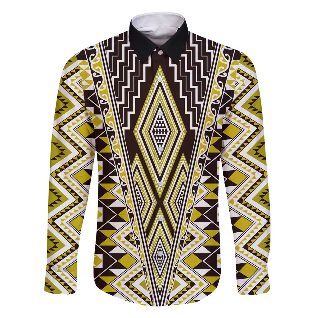 Yellow Aotearoa Tukutuku and Poutama Motif Family Matching Off Shoulder Maxi Dress and Hawaiian Shirt
