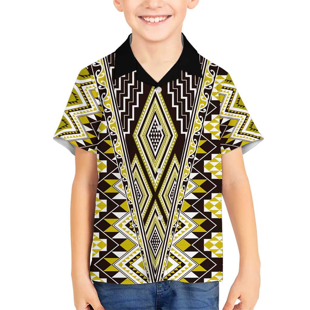 Yellow Aotearoa Tukutuku and Poutama Motif Family Matching Off Shoulder Maxi Dress and Hawaiian Shirt